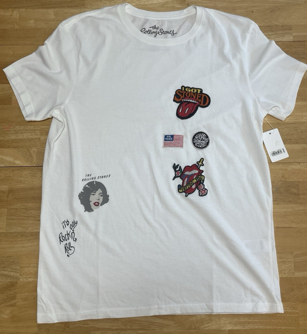 The Rolling Stones For Lucky Brand T-Shirt Mens L White Graphic Band Patches New